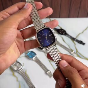 Montre carrée acier – cadran bleu