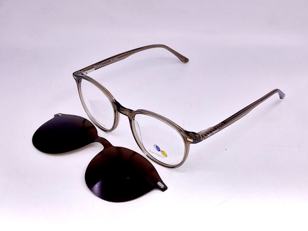 Monture ronde taupe transparente + clip solaire